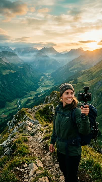 Vertical Short of a travel vlogger filming on a mountain ridge